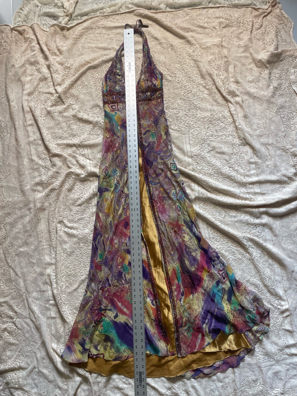 Y2K Sue Wong Paisley Print Halter Maxi Dress with Beaded Waist - Picture 7 of 10